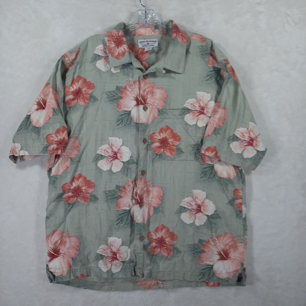 Boca Classics Vintage Mens XL Tropical Hibiscus Floral Camp Shirt Sage Green